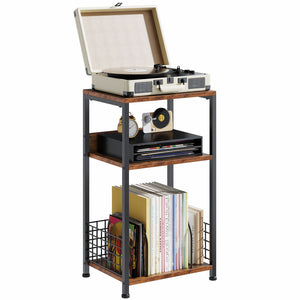 3-Tier Turntable Stand with Vinyl Storage for 100 Albums, Combined CD & DVD Racks, End Side Table for Living Room