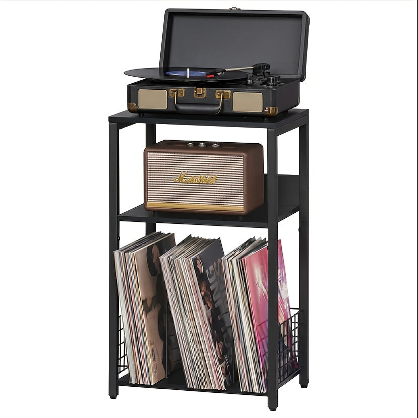 3-Tier Turntable Stand with Vinyl Storage for 100 Albums, Combined CD & DVD Racks, End Side Table for Living Room