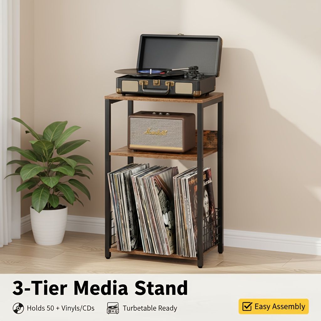 3-Tier Turntable Stand with Vinyl Storage for 100 Albums, Combined CD & DVD Racks, End Side Table for Living Room