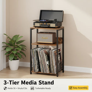 3-Tier Turntable Stand with Vinyl Storage for 100 Albums, Combined CD & DVD Racks, End Side Table for Living Room