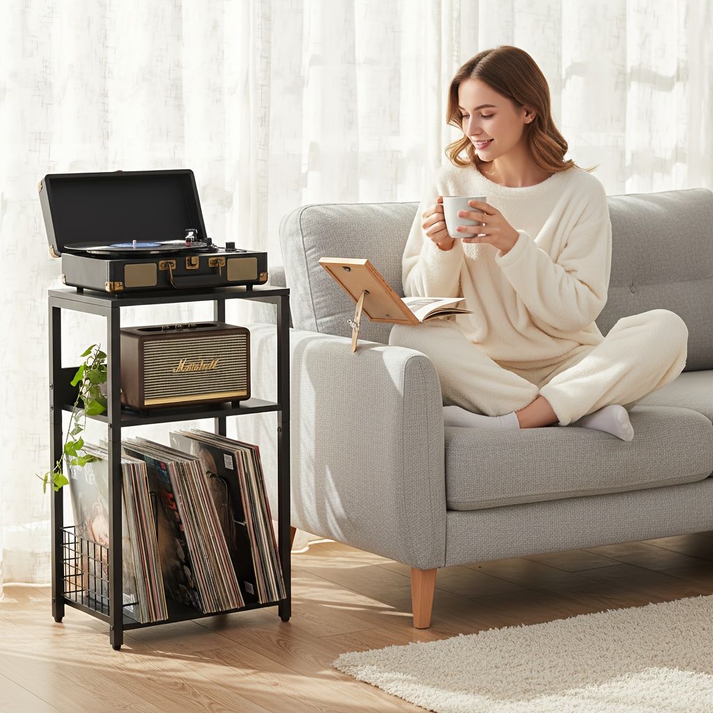 3-Tier Turntable Stand with Vinyl Storage for 100 Albums, Combined CD & DVD Racks, End Side Table for Living Room