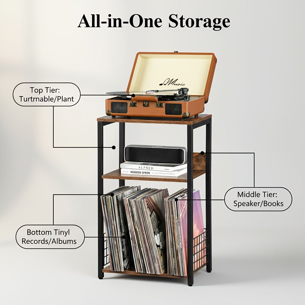 3-Tier Turntable Stand with Vinyl Storage for 100 Albums, Combined CD & DVD Racks, End Side Table for Living Room