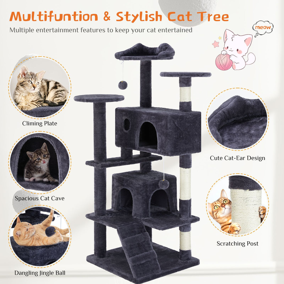 Multi-functional cat tree house cat climbing frame, lounge and recreation area detachable toy, 54in