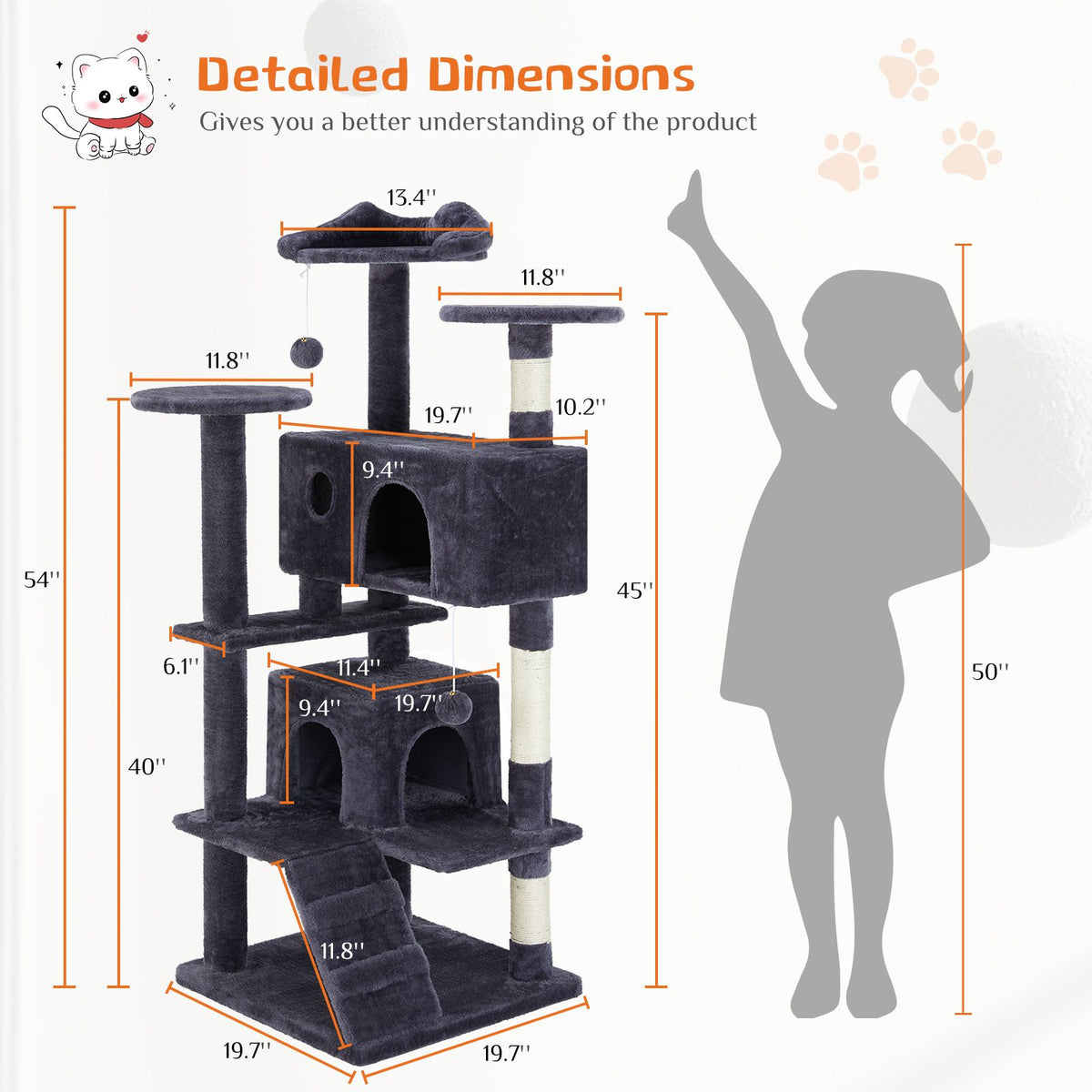Multi-functional cat tree house cat climbing frame, lounge and recreation area detachable toy, 54in