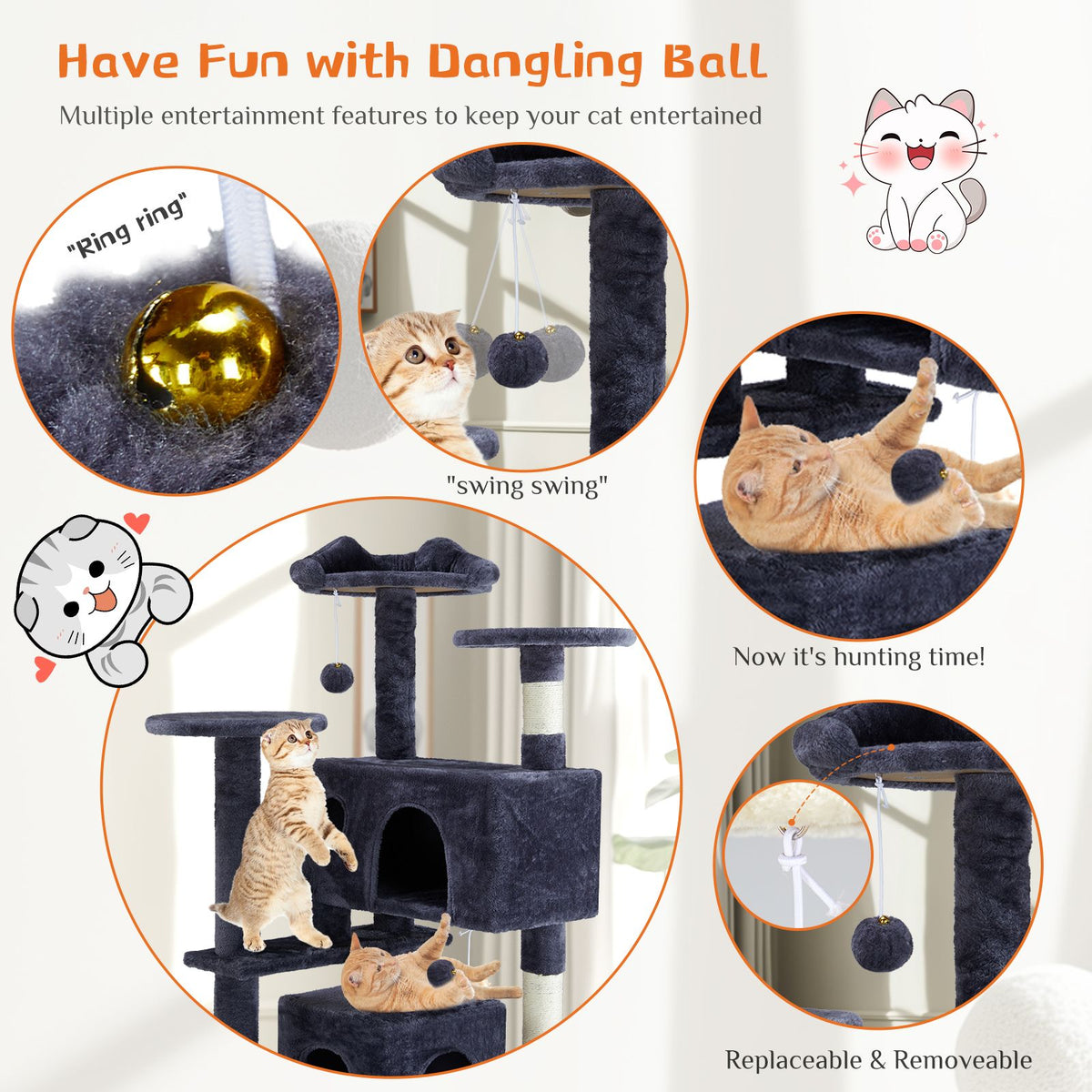 Multi-functional cat tree house cat climbing frame, lounge and recreation area detachable toy, 54in