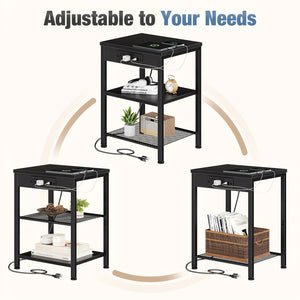 15.7-inch small side table with charging device, coffee table with socket and USB interface, three-layer adjustable storage bedside cabinet