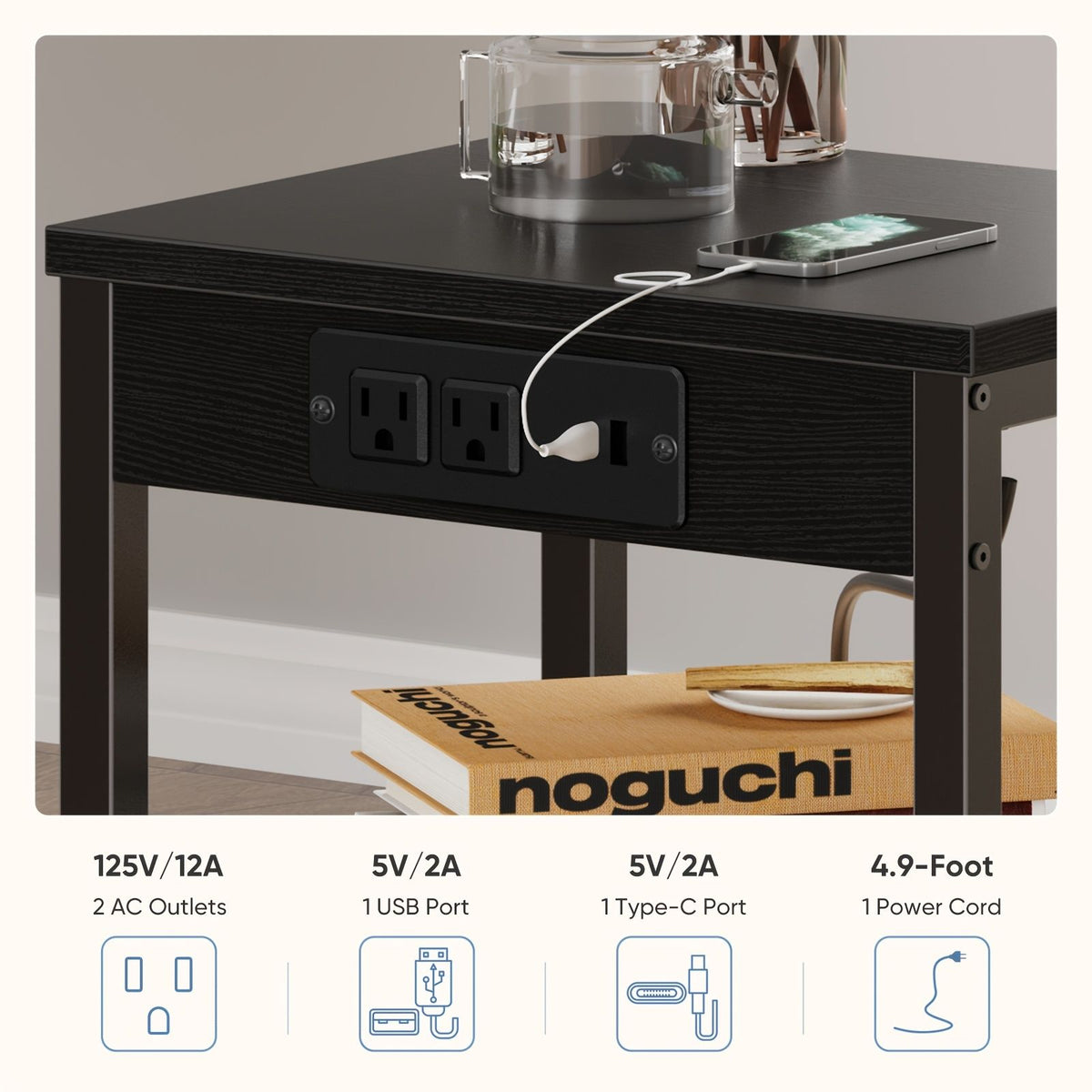 15.7-inch small side table with charging device, coffee table with socket and USB interface, three-layer adjustable storage bedside cabinet