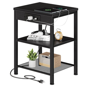 15.7-inch small side table with charging device, coffee table with socket and USB interface, three-layer adjustable storage bedside cabinet