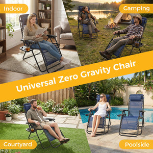 Set of 2 Zero Cravity Lounge Chairs,Outdoor Patio Folding Recliners for Pool Beach with Pillow and Cup Holder