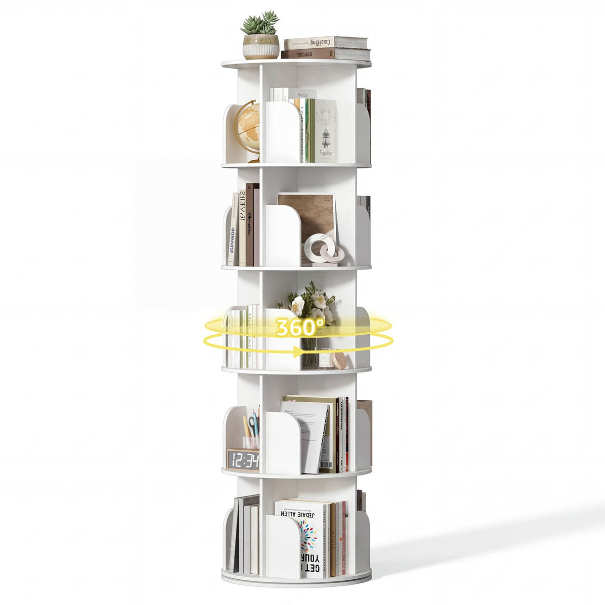 3/4/5 Tier Rotating Bookshelf, 360° Spinning Bookcase for Small Spaces, Vertical Corner Storage Organizer Display Rack for Bedroom Living Room, W