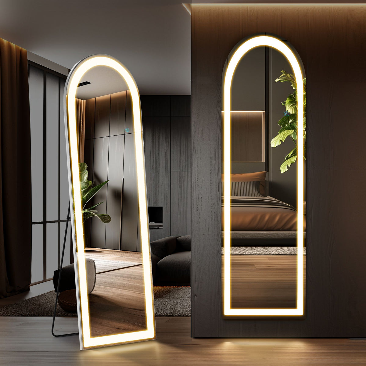 3 Color Lighting Mirror with LED Lights, 64"x21" Lighted Floor Standing Mirror with Stand, Wall Mounted Hanging