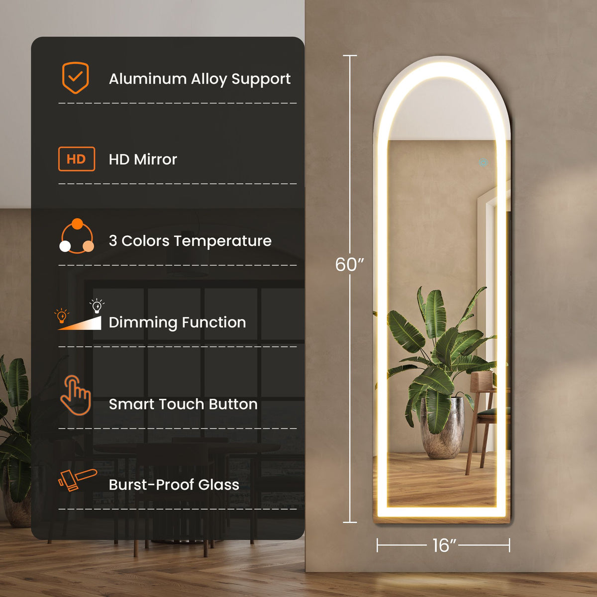 3 Color Lighting Mirror with LED Lights, 64"x21" Lighted Floor Standing Mirror with Stand, Wall Mounted Hanging