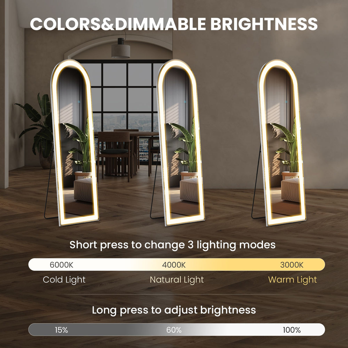 3 Color Lighting Mirror with LED Lights, 64"x21" Lighted Floor Standing Mirror with Stand, Wall Mounted Hanging