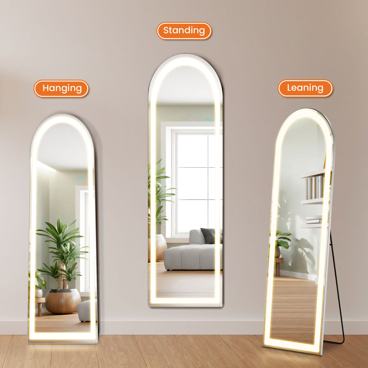 3 Color Lighting Mirror with LED Lights, 64"x21" Lighted Floor Standing Mirror with Stand, Wall Mounted Hanging