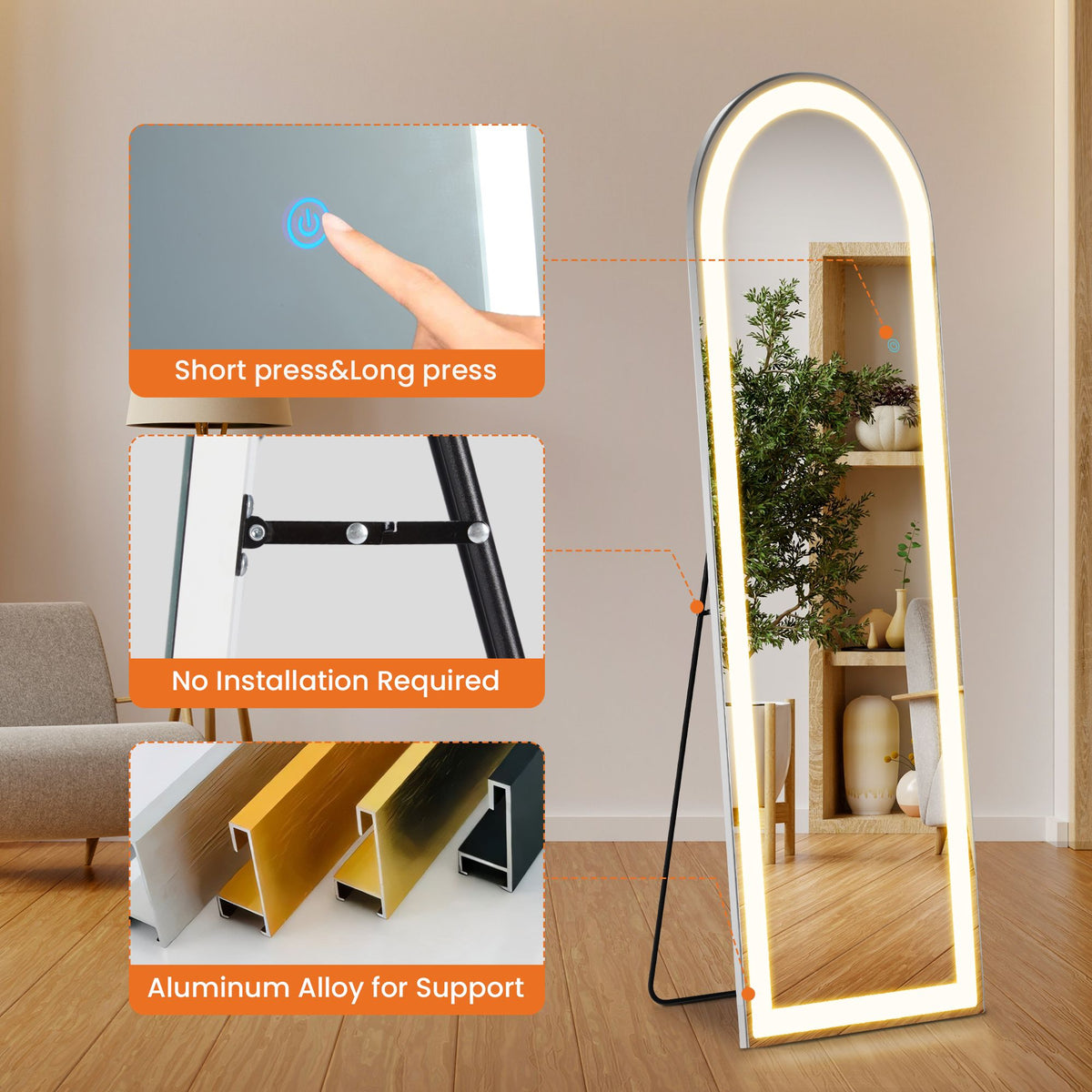 3 Color Lighting Mirror with LED Lights, 64"x21" Lighted Floor Standing Mirror with Stand, Wall Mounted Hanging