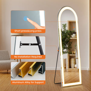 3 Color Lighting Mirror with LED Lights, 64"x21" Lighted Floor Standing Mirror with Stand, Wall Mounted Hanging