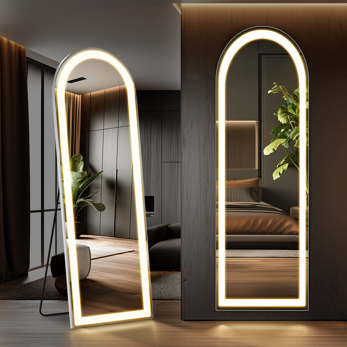3 Color Lighting Mirror with LED Lights, 64"x21" Lighted Floor Standing Mirror with Stand, Wall Mounted Hanging