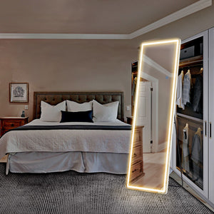3 Color Lighting Mirror with LED Lights, 64"x21" Lighted Floor Standing Mirror with Stand, Wall Mounted Hanging