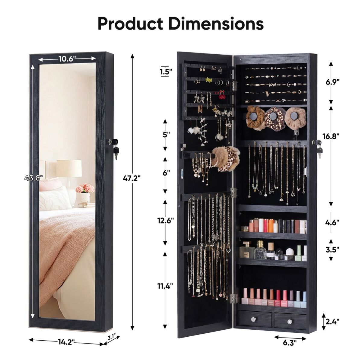 Wall-Mount/Door-Hanging Jewelry Armoire Large Capacity Mirror & LED Lights Lockable Organizer, 47.2-Inch Tall 6 LEDs Lockable Jewelry Cabinet