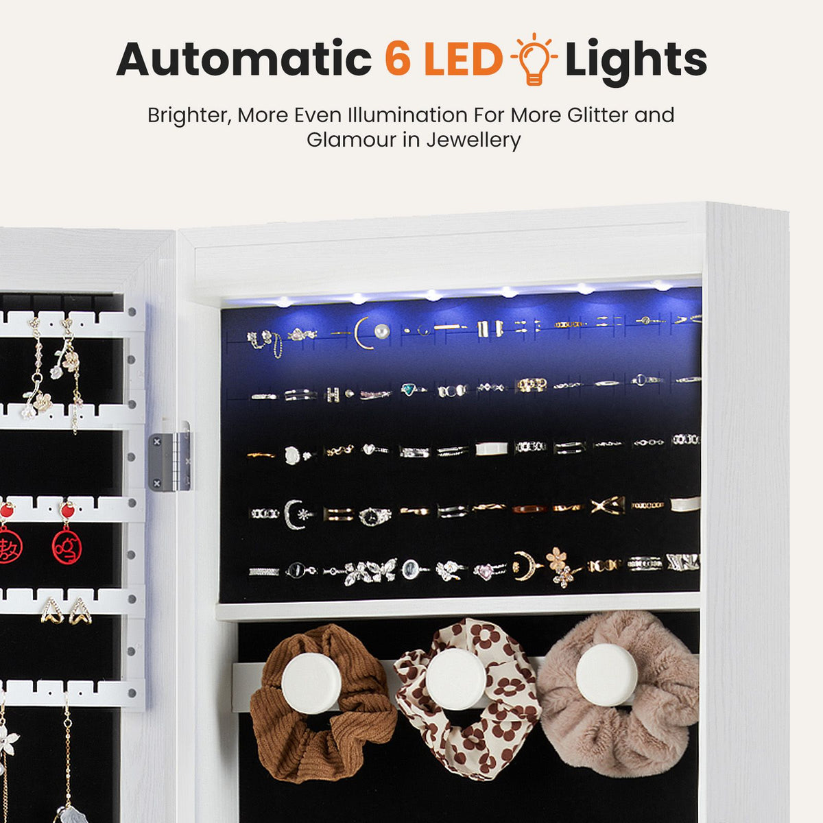 Wall-Mount/Door-Hanging Jewelry Armoire Large Capacity Mirror & LED Lights Lockable Organizer, 47.2-Inch Tall 6 LEDs Lockable Jewelry Cabinet