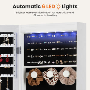 Wall-Mount/Door-Hanging Jewelry Armoire Large Capacity Mirror & LED Lights Lockable Organizer, 47.2-Inch Tall 6 LEDs Lockable Jewelry Cabinet
