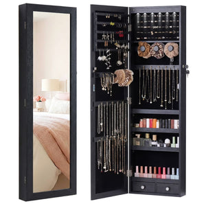 Wall-Mount/Door-Hanging Jewelry Armoire Large Capacity Mirror & LED Lights Lockable Organizer, 47.2-Inch Tall 6 LEDs Lockable Jewelry Cabinet