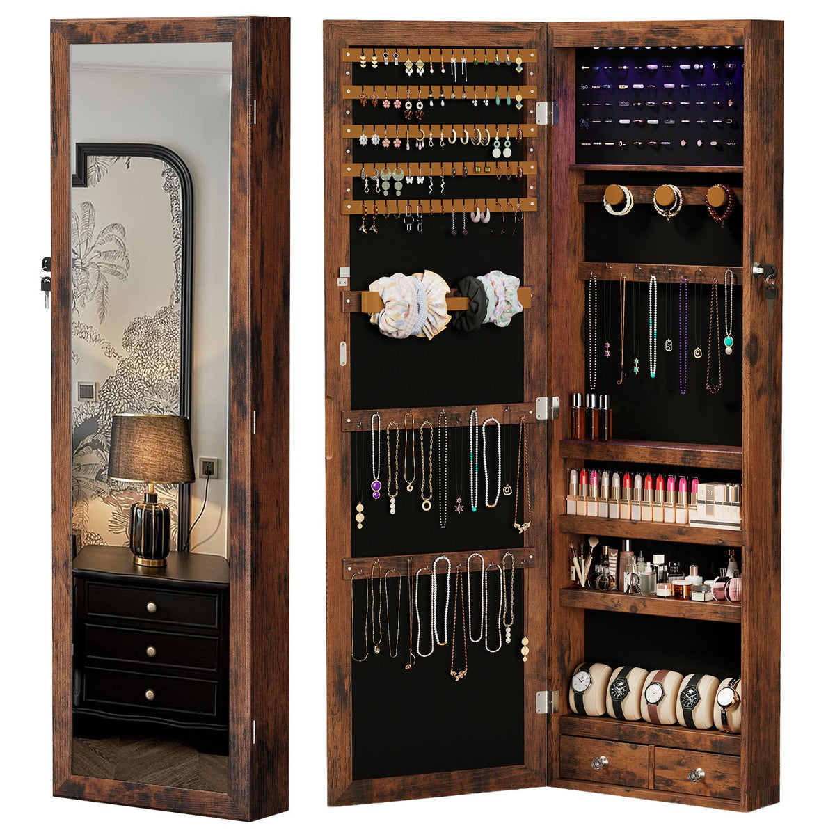 Wall-Mount/Door-Hanging Jewelry Armoire Large Capacity Mirror & LED Lights Lockable Organizer, 47.2-Inch Tall 6 LEDs Lockable Jewelry Cabinet