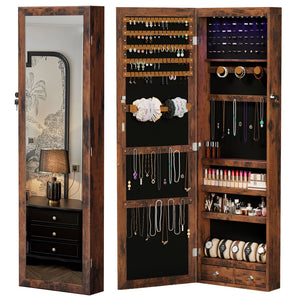 Wall-Mount/Door-Hanging Jewelry Armoire Large Capacity Mirror & LED Lights Lockable Organizer, 47.2-Inch Tall 6 LEDs Lockable Jewelry Cabinet