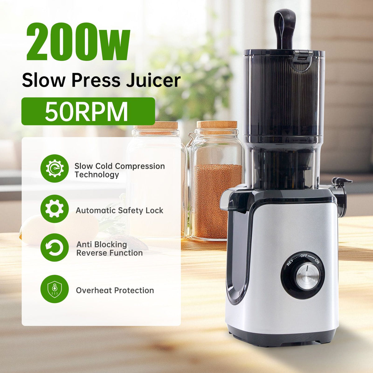 Cold juicer, chewable juicer, wide feeding trough for easy cleaning, suitable for whole vegetables and fruits