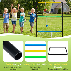 The ladder ball and golf throwing ball set is used for the ladder throwing game and includes 6 balls, a scoring board and a portable bag.