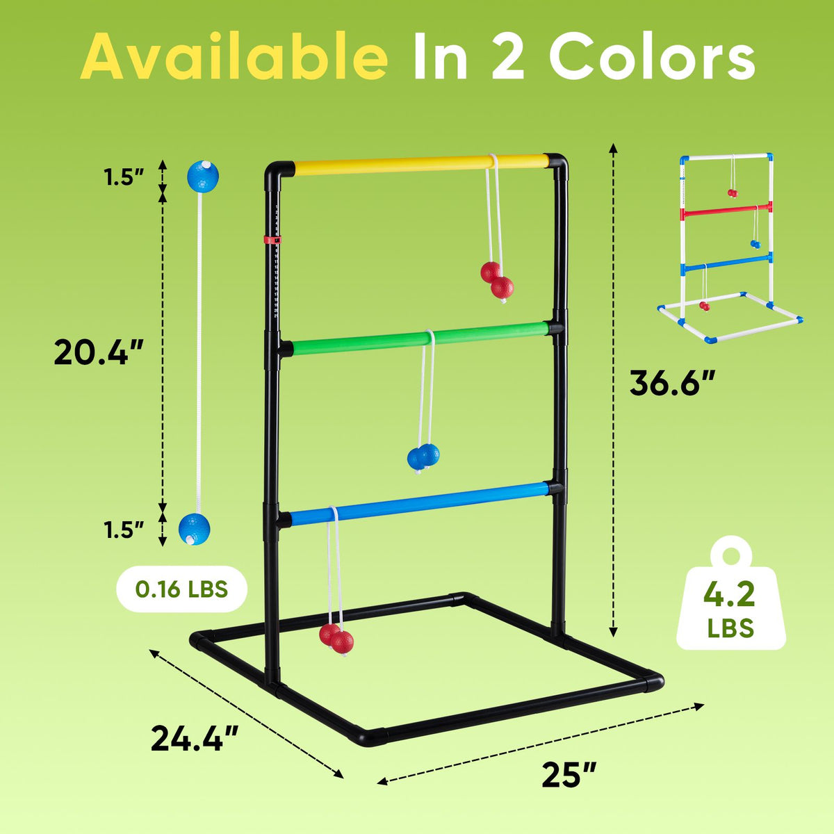 The ladder ball and golf throwing ball set is used for the ladder throwing game and includes 6 balls, a scoring board and a portable bag.