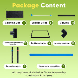 The ladder ball and golf throwing ball set is used for the ladder throwing game and includes 6 balls, a scoring board and a portable bag.