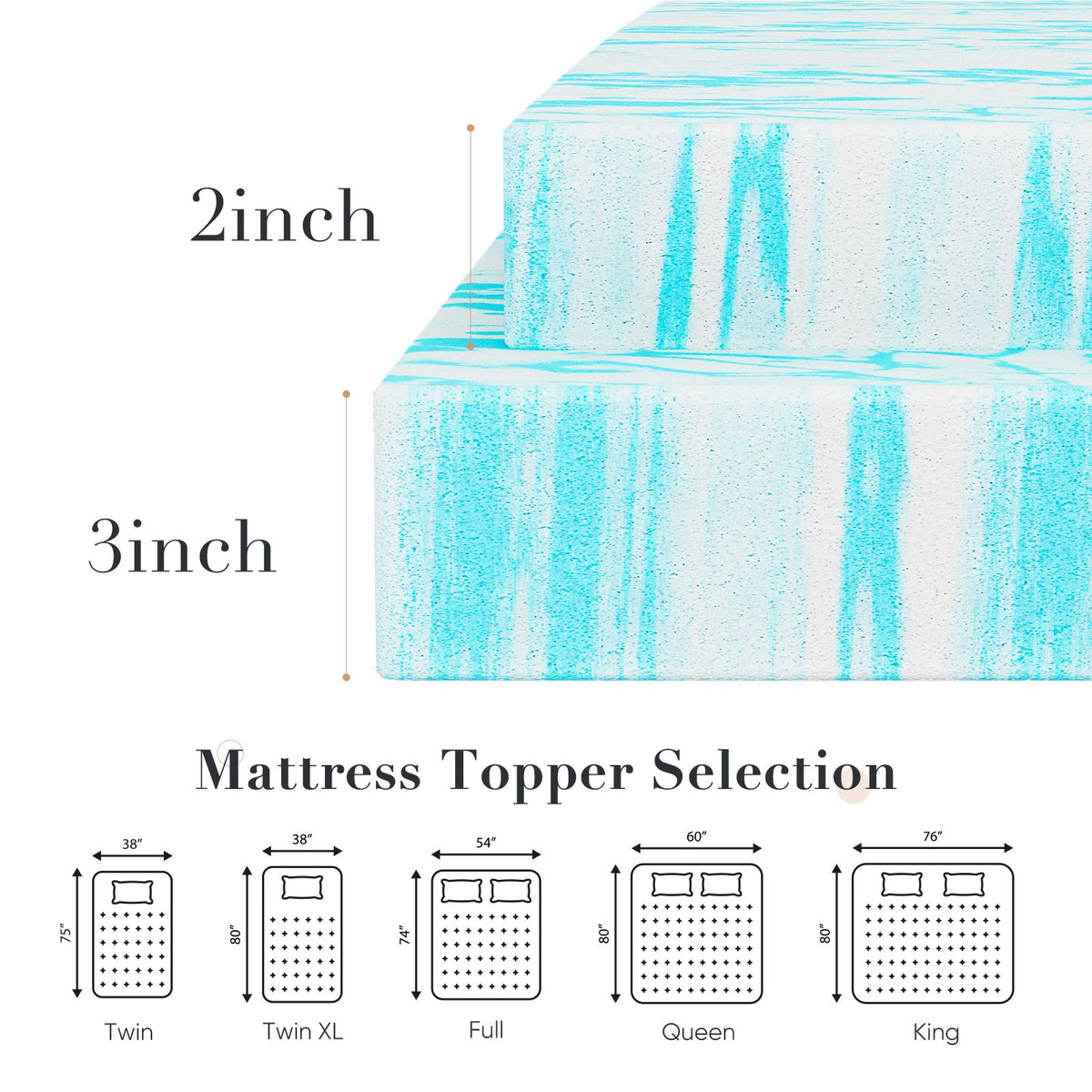 2-3 Inch Gel Memory Foam Mattress Topper Full Size Cooling Mattress Soft and Breathable Bed Topper School Bedroom Furniture