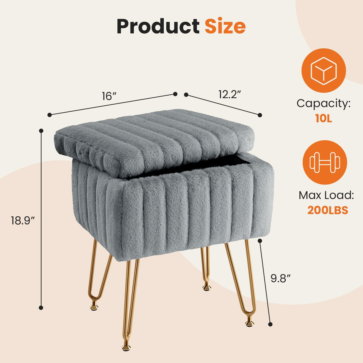 Vanity Stool Chair with Storage, Ottoman Faux Fur Soft Padded Makeup Footstools Seat with 4 Metal Legs Anti-Slip Adjustable Feet Modern