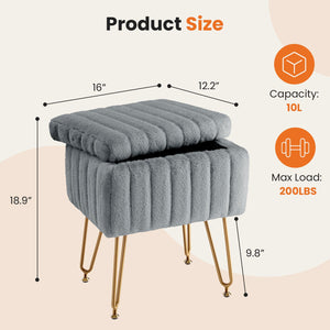 Vanity Stool Chair with Storage, Ottoman Faux Fur Soft Padded Makeup Footstools Seat with 4 Metal Legs Anti-Slip Adjustable Feet Modern