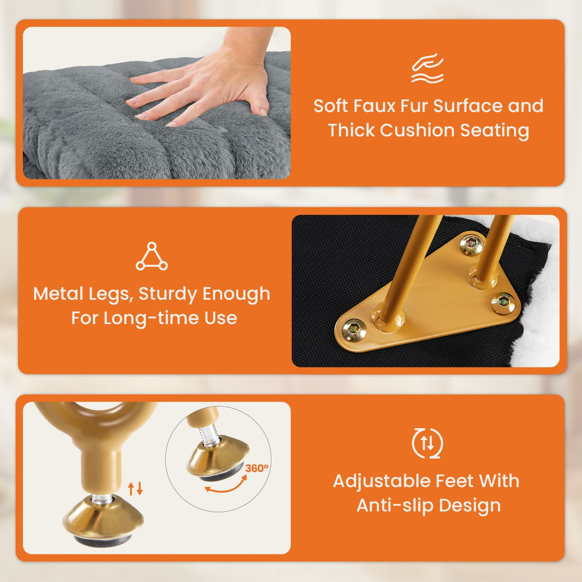 Vanity Stool Chair with Storage, Ottoman Faux Fur Soft Padded Makeup Footstools Seat with 4 Metal Legs Anti-Slip Adjustable Feet Modern