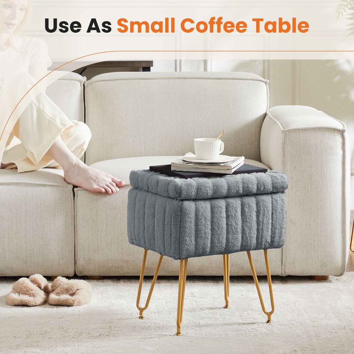 Vanity Stool Chair with Storage, Ottoman Faux Fur Soft Padded Makeup Footstools Seat with 4 Metal Legs Anti-Slip Adjustable Feet Modern