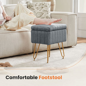 Vanity Stool Chair with Storage, Ottoman Faux Fur Soft Padded Makeup Footstools Seat with 4 Metal Legs Anti-Slip Adjustable Feet Modern