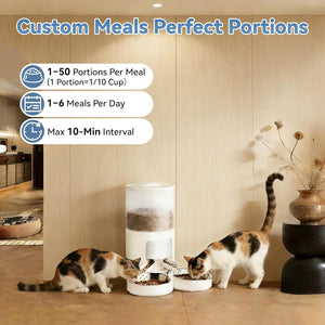 6L Automatic Cat Feeder for 2 Cats, Timed Cat Food Dispenser with 2 Stainless Bowls, 10s Voice Recorder, Dual Power Supply, 6 Meals 50 Portions P