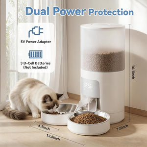 6L Automatic Cat Feeder for 2 Cats, Timed Cat Food Dispenser with 2 Stainless Bowls, 10s Voice Recorder, Dual Power Supply, 6 Meals 50 Portions P