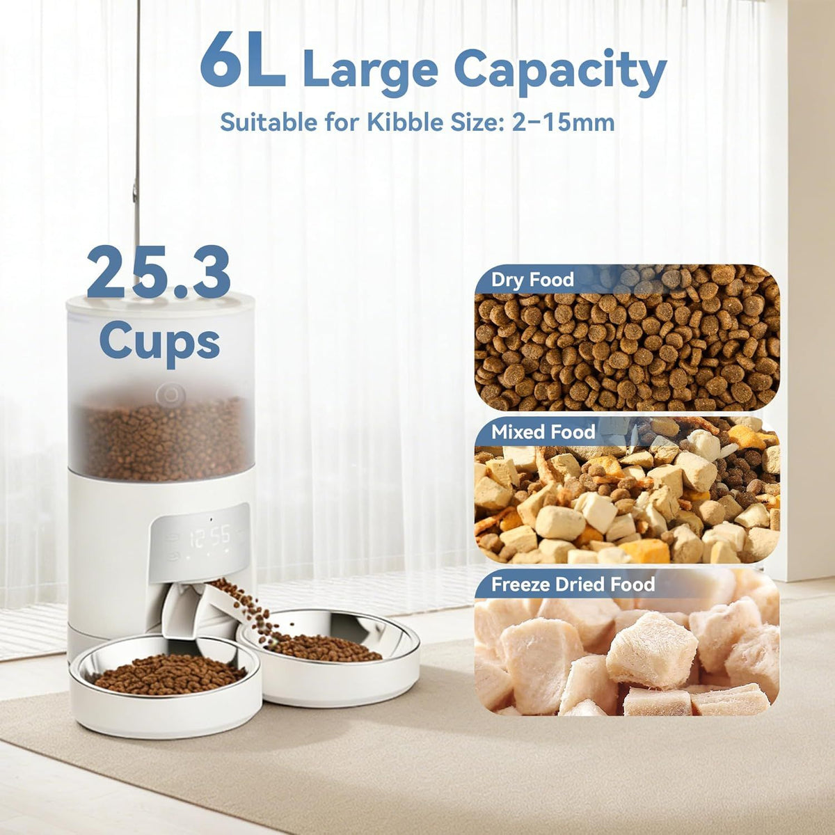 6L Automatic Cat Feeder for 2 Cats, Timed Cat Food Dispenser with 2 Stainless Bowls, 10s Voice Recorder, Dual Power Supply, 6 Meals 50 Portions P