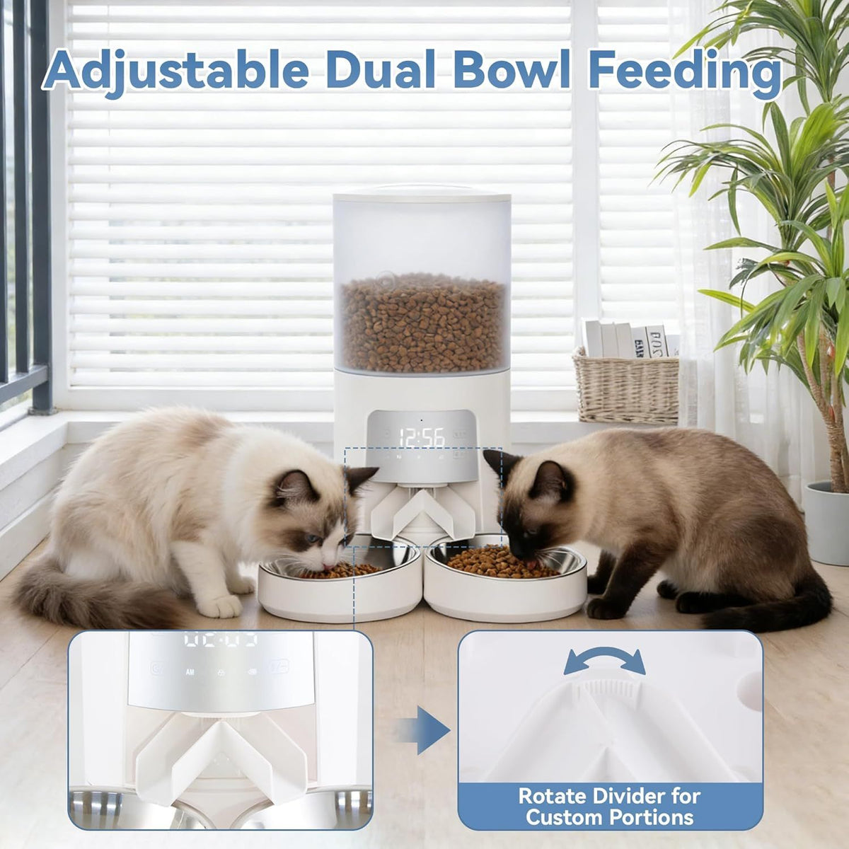 6L Automatic Cat Feeder for 2 Cats, Timed Cat Food Dispenser with 2 Stainless Bowls, 10s Voice Recorder, Dual Power Supply, 6 Meals 50 Portions P