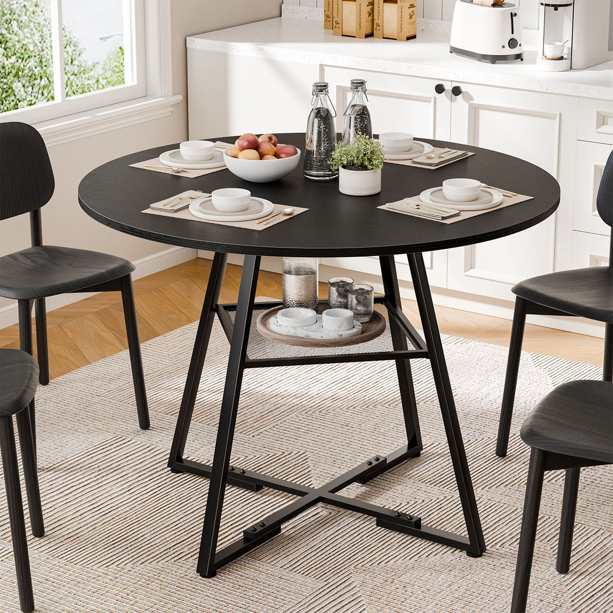 Round table, suitable for 4 to 6 people, a space-saving kitchen table with double-layer storage function, metal base frame