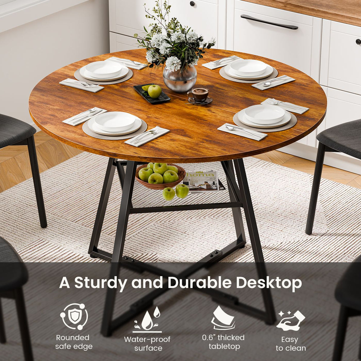 Round table, suitable for 4 to 6 people, a space-saving kitchen table with double-layer storage function, metal base frame