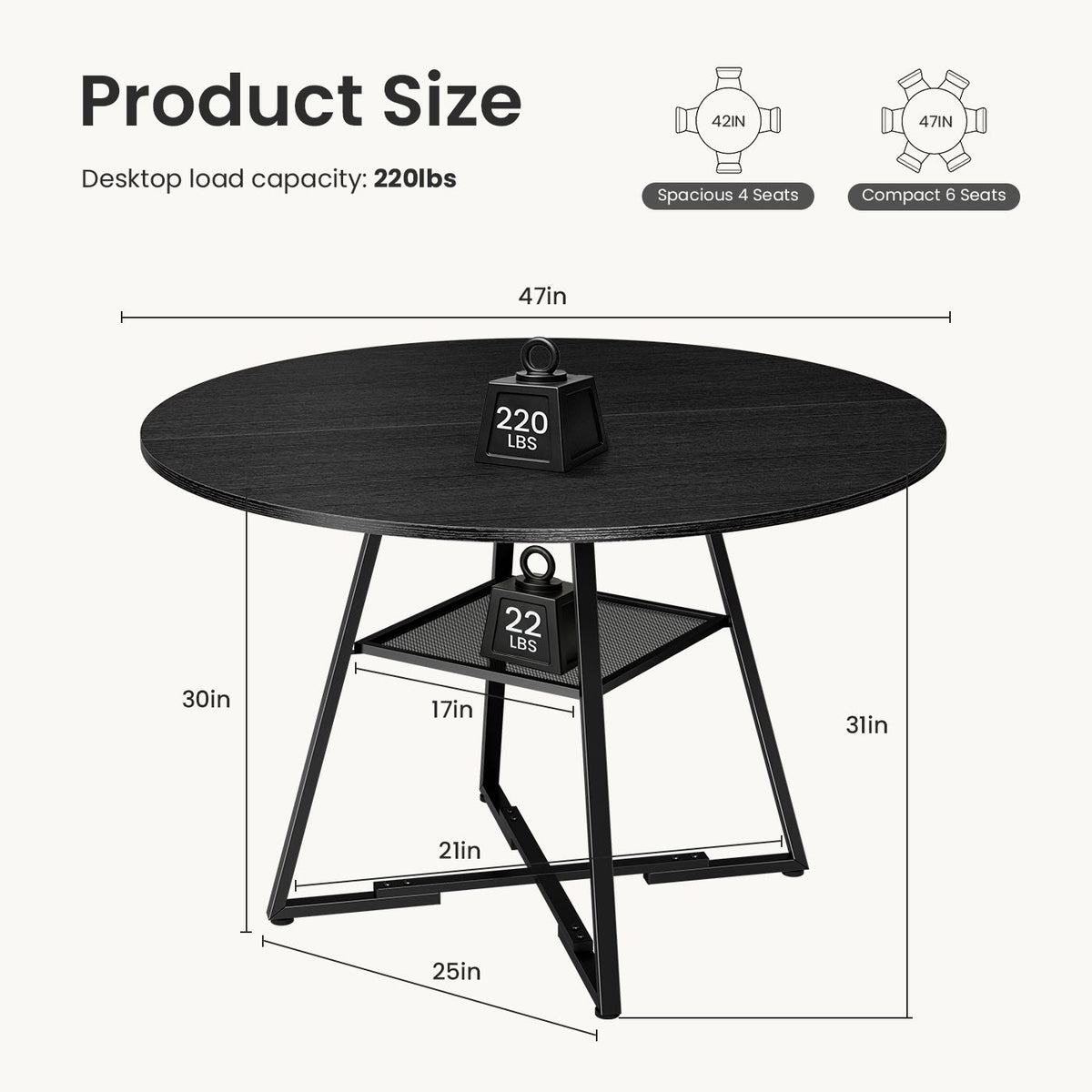 Round table, suitable for 4 to 6 people, a space-saving kitchen table with double-layer storage function, metal base frame