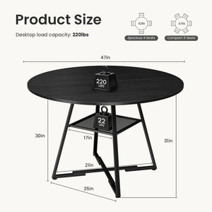 Round table, suitable for 4 to 6 people, a space-saving kitchen table with double-layer storage function, metal base frame