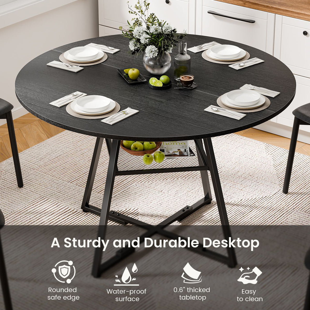 Round table, suitable for 4 to 6 people, a space-saving kitchen table with double-layer storage function, metal base frame