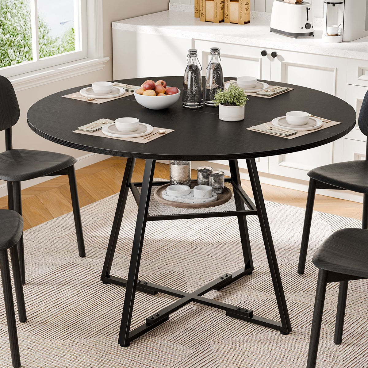 Round table, suitable for 4 to 6 people, a space-saving kitchen table with double-layer storage function, metal base frame