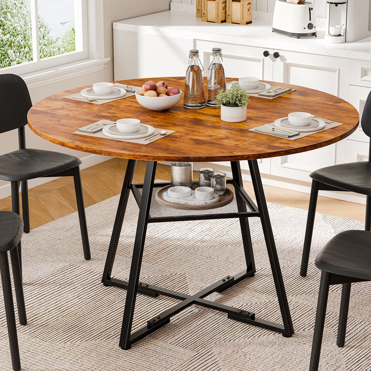 Round table, suitable for 4 to 6 people, a space-saving kitchen table with double-layer storage function, metal base frame