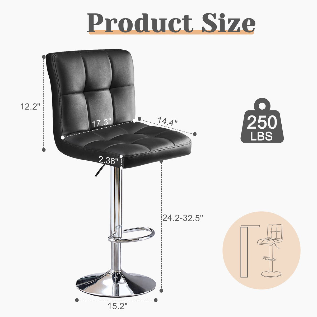 Bar Stools Set of 2, Counter Height Barstools,Square Seat Cushion Barstool with Back, Height Adjustable PU Leather Swivel Barstool